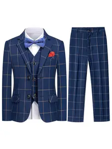 Boys Blue Plaid 4-Piece Suit Set  | Blazer + Vest + Pants + Bow Tie | No Shirt Included | Perfect for Weddings , Performances , School Events , Holiday Shows & Formal Parties  - 19088
