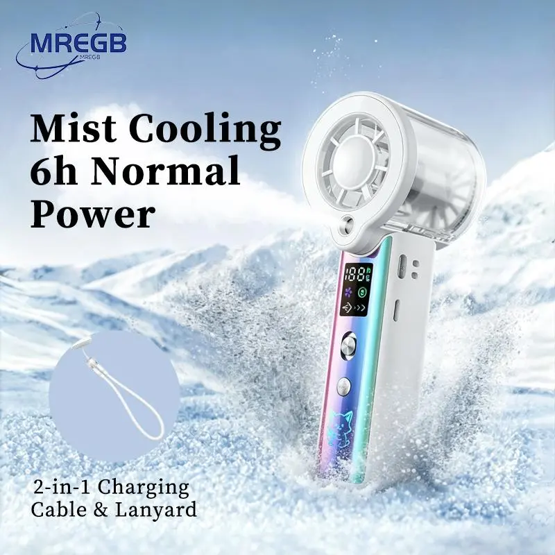 MREGB 2026 Mist Spray Cooling Handheld Fan — 6hours at Normal Power, 100 Speeds Randomly Adjust Airflow, High-Speed ​​Cooling Fan with Long-Lasting Battery, Built-in Lighting, Relief Portable Fan for Summer Walk