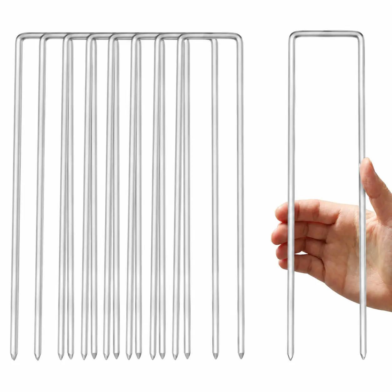 33-Piece Heavy-Duty U-Shaped Ground Stakes—Steel trampoline anchors, ideal for securing tents, soccer goals, landscaping features, and garden decorations.