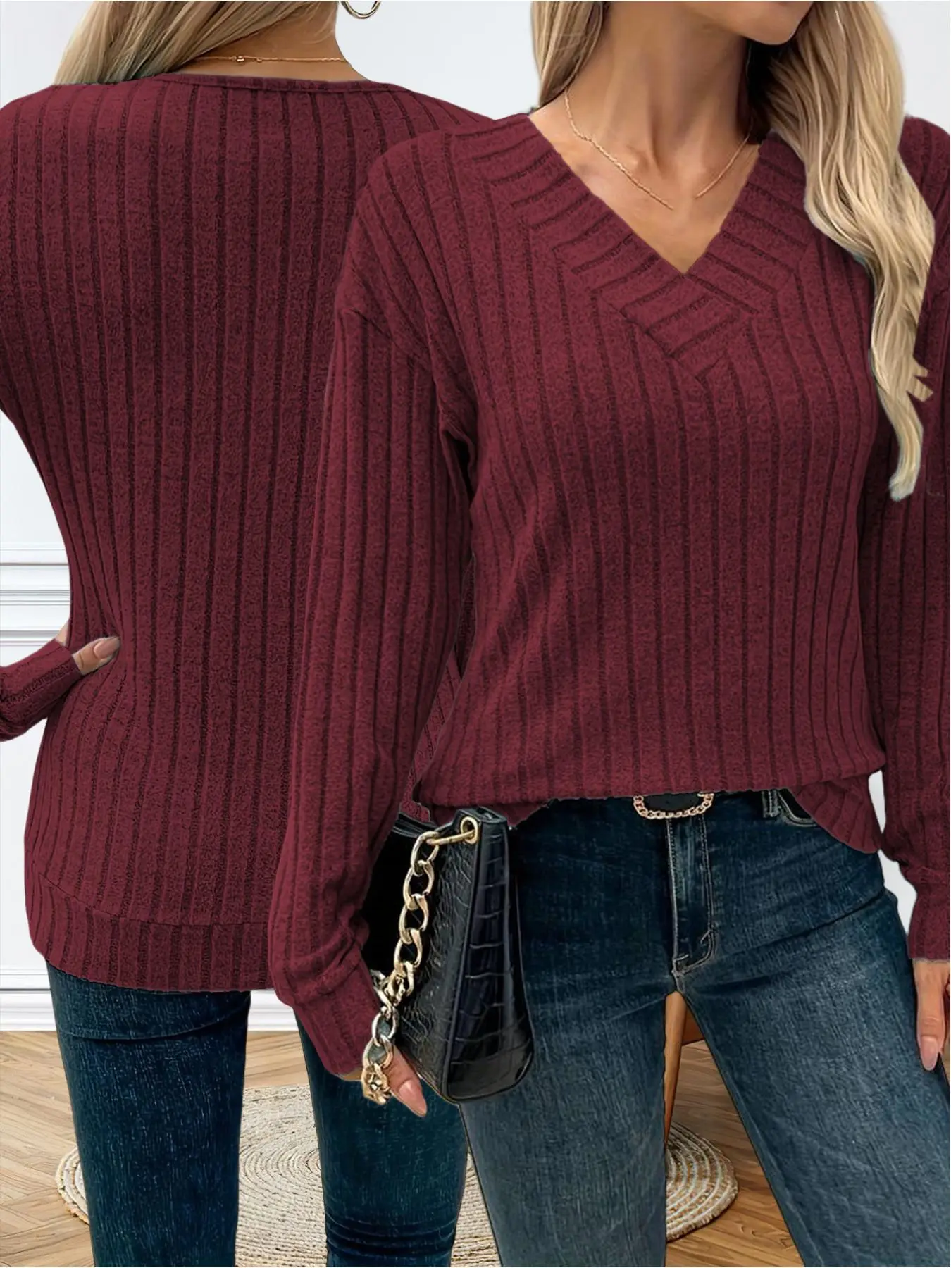 Women's V Neck Loose-Fitting Pullover Sweater, Casual Fall & Winter Fashion, Plain Color Knit Top, Everyday Comfortable Outerwear