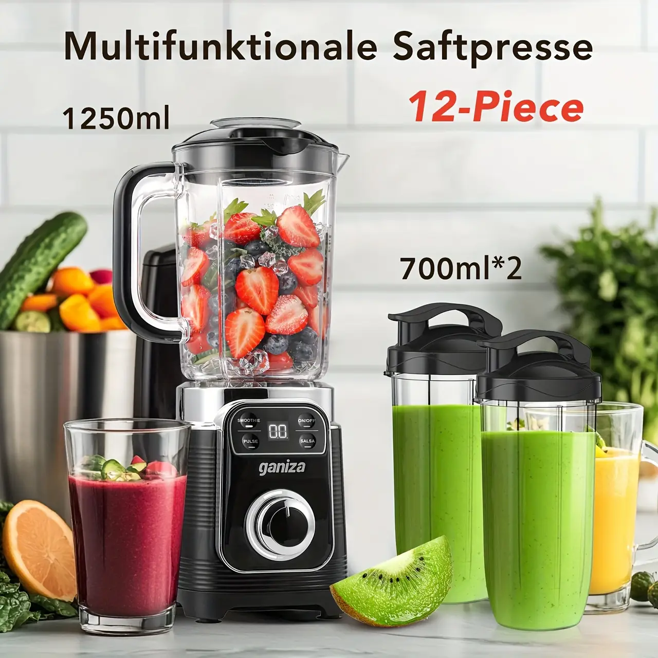 Smoothie Blender, 12-Piece Blender For Shakes and Smoothies, 43Oz Large Blender Jar & 2 Portable Blender Cups, Personal Smoothies Maker for Kitchen wi