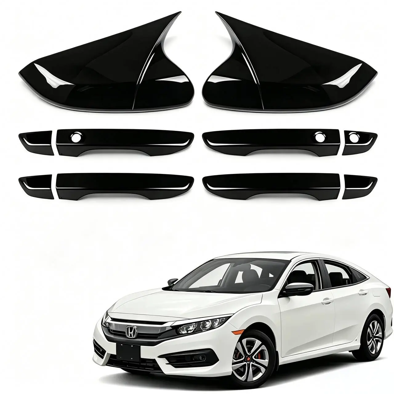 Fit For Honda Civic 2016-2021 10th Gen Side Mirror Cover Caps Durable ABS Gloss Black Rearview Mirror Cover Protector Door Handle Covers with Smart Key Holes Full Exterior Trim Set