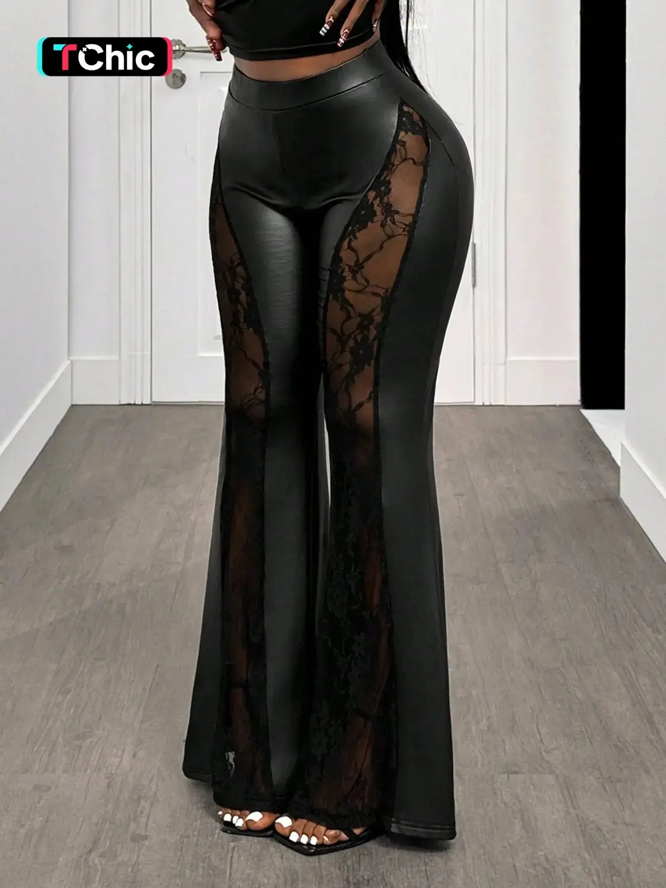 Women Asymmetric High Waisted Leather Flare Pants Lace Sheer Panel Stretchy Bodycon Bell Bottom Trousers Gothic Y2K Streetwear Nightclub Party Baddie Wear