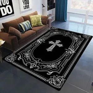 Gothic Black & White Ornate Area Rug, Decorative Rug - Vintage Baroque Frame & Occult Pattern Soft Flannel Mat for Gothic Home Decor Vintage Boho Rug