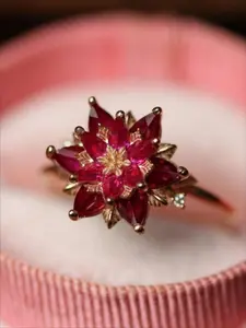Vintage Hanmade Red Cubic Zirconia Lotus Flower Engagement Ring for Women Unique Golden Silvery Ring Birthstone Floral Ring Party Jewelry Birthday Anniversary Gift Daily Vacation Gift From A Best Friend Statement Ring