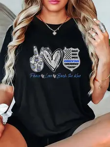cotton Peace Love Back The Blue Shirt Police Officer Gift T-Shirt casual Fashion graphic tees women