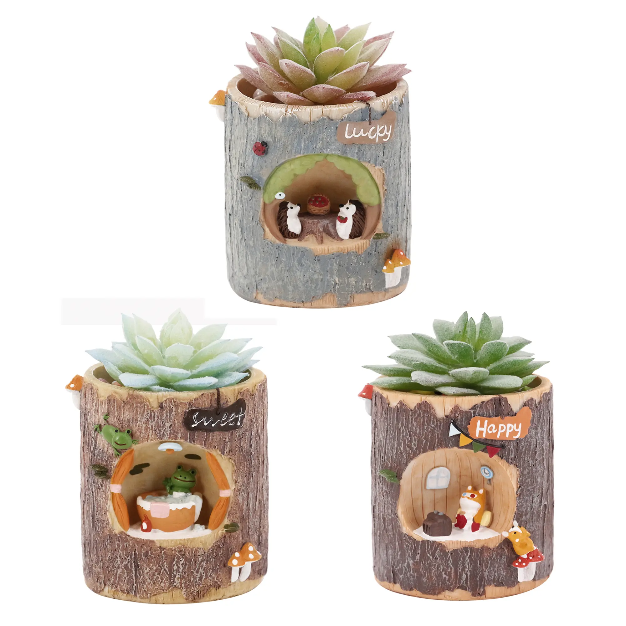 3-Piece Hand-Painted Mossy Log Resin Flower Pots - Indoor Planters with Drain Hole for Daily Fairy Gardens, Bookshelves, Animal Family Gifting (Pots Only, Ideal for Mother’s Day Gift Box)