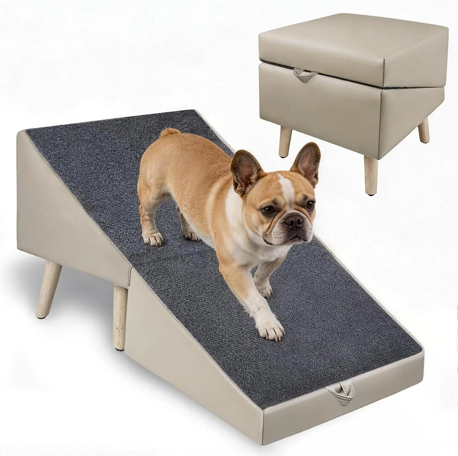 17.3‘’Split Ottoman Dogs Ramp, Dog Ramp for Couch and Bed, Dog Stairs for Small Dogs and Cats, 2-in-1 Foldable Wooden Pet Stairs and Ottoman,Non-Slip Fabric Surface Ramp for Couch and Bed Gray