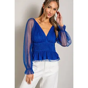 eeSome Royal Blue V Neck Mesh Dot Sleeve Blouse