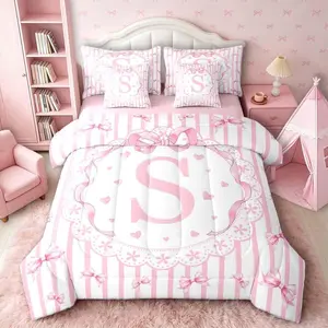 Cute Bowknot Comforter Set 7 Pieces Pink Initial S Bedding Set Stripe Pattern Bed in a Bag with Comforter,Sheets,Pillowcases,Cushion Covers Bedroom Decor