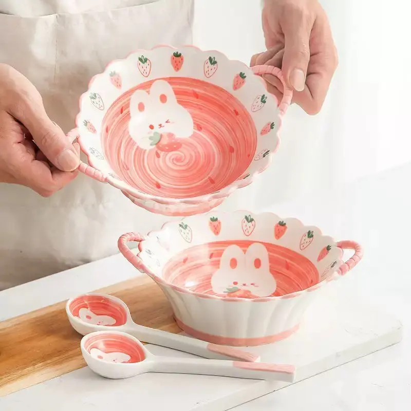 Hand-Painted Rabbit & Strawberry Ceramic Bowls, Bowl Set, Cute Design, Suitable for Noodles, Pasta, Salad, Salad Serving Bowls, Restaurant, Living Room, Cafe, Tableware