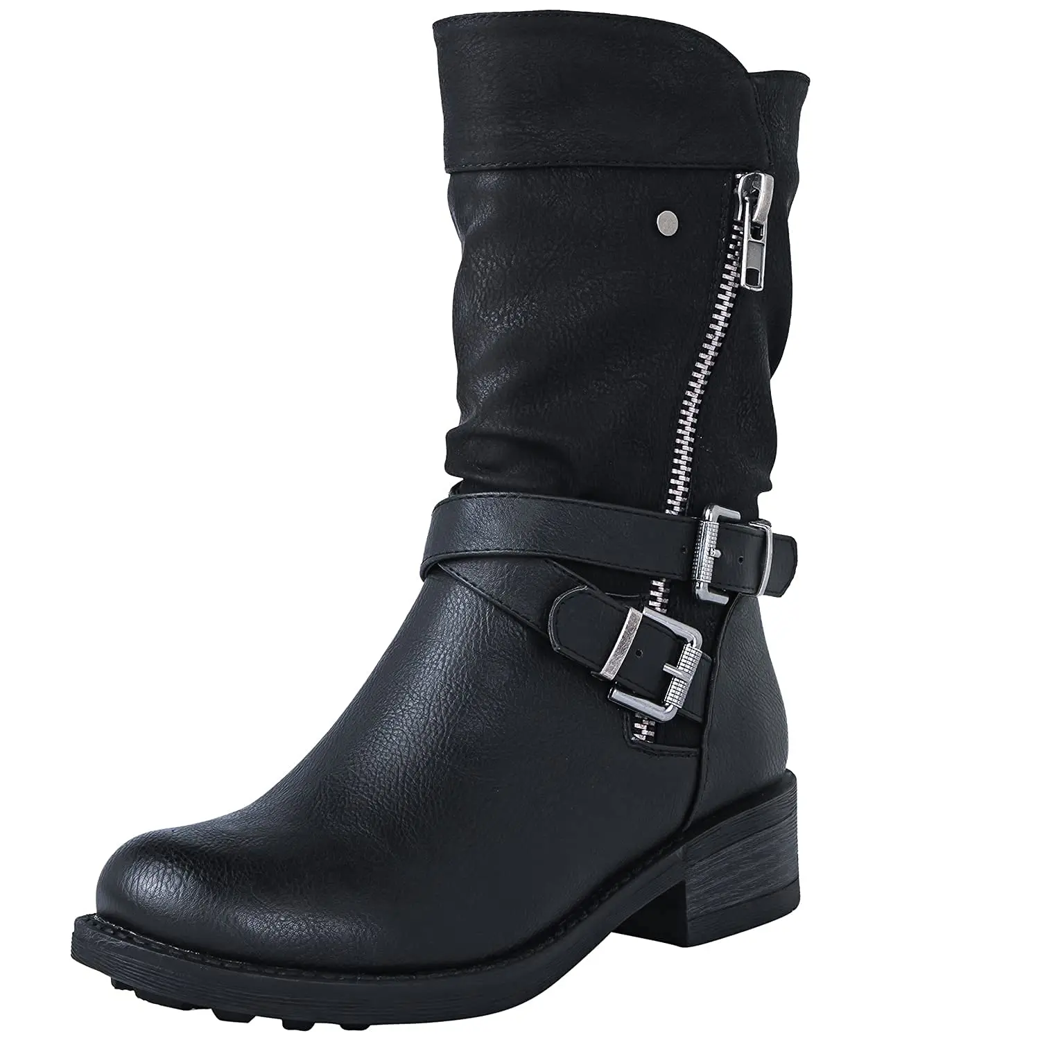 GLOBALWIN Women's Fall Fashion Biker Boots Mid Calf Boots For Women Low Heel
