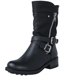 GLOBALWIN Women's Fall Fashion Biker Boots Mid Calf Boots For Women Low Heel