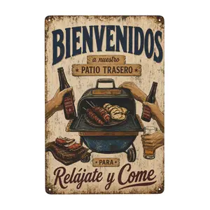 2D Flat, 1 Piece Vintage Metal Wall Sign - BBQ Welcome Sign With Spanish Phrases, Durable Pre-Drilled, 7.9x11.8 Inches (20x30 Cm) Suitable For Indoor/Outdoor Home, Office, Garden And Holiday Decorations (Halloween, St. Patrick's Day, Easter), Indoor Decor