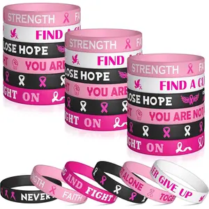 Breast Cancer Awareness  Bracelets Set -  Ribbons Hope Faith Strength Courage Stretch Wristbands, Motivational Rubber Bracelet with Inspirational Messages for Women Girls (48Pcs)