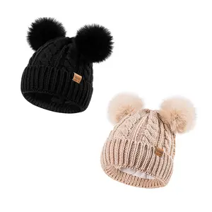 2PC Women’s Double Pom Pom Beanie Hat Warm Winter Knit Hat with Fleece Lining Cute Cable Knit Cap for Adults