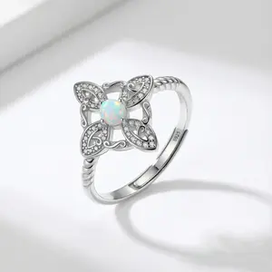 925 Sterling Silver Vintage Opal Cross Ring for Women, Adjustable Open Band Celtic Knot Ring, North Star Amulet Jewelry, Spiritual Gift for Her, S925 Stamped