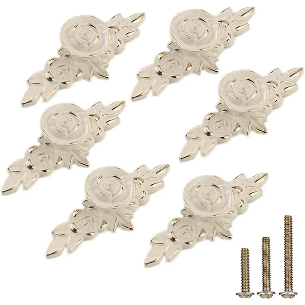 6-Pack Decorative Ceramic Rose Cabinet Knobs with 102mm Handcrafted Plate - Antique Zinc Alloy Flower Pull Handles, Heavy Texture, Ivory White & Gold Edge (4.0in, Height Approx 2.5cm, Elegant Look) for Kitchen/Dressers, Dramatic Renovation Difference