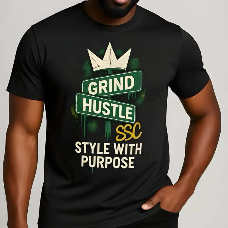 Grind Hustle Style Purpose SSC Black T-Shirt with Crown Design Streetwear Tee for Men
