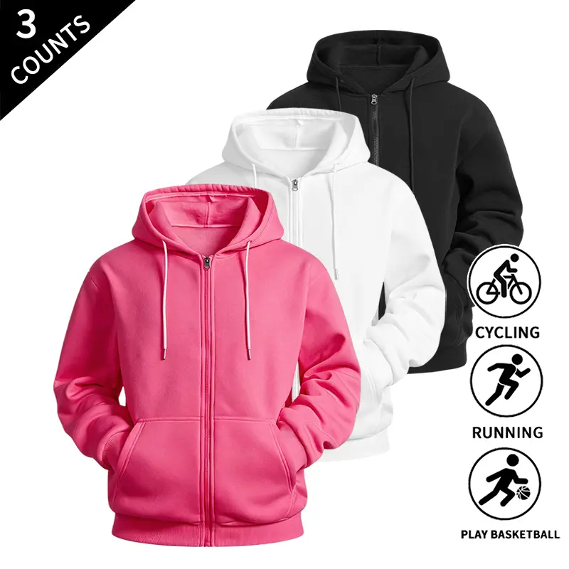 3-Pack Men’s Full Zip Hooded Sweatshirt – Solid Fleece Zip-Up Hoodie Jacket with Kangaroo Pocket, Long Sleeves, Casual Streetwear for Gym, Running, Basketball, and Everyday Lounging