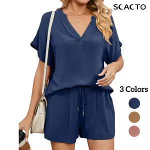 Scacto Women's Solid Color V-Neck Batwing Sleeve 2-Piece Set Casual Korean Style Summer Short Sets 100% Polyester Slight Stretch Available in S M L XL 2XL 3XL