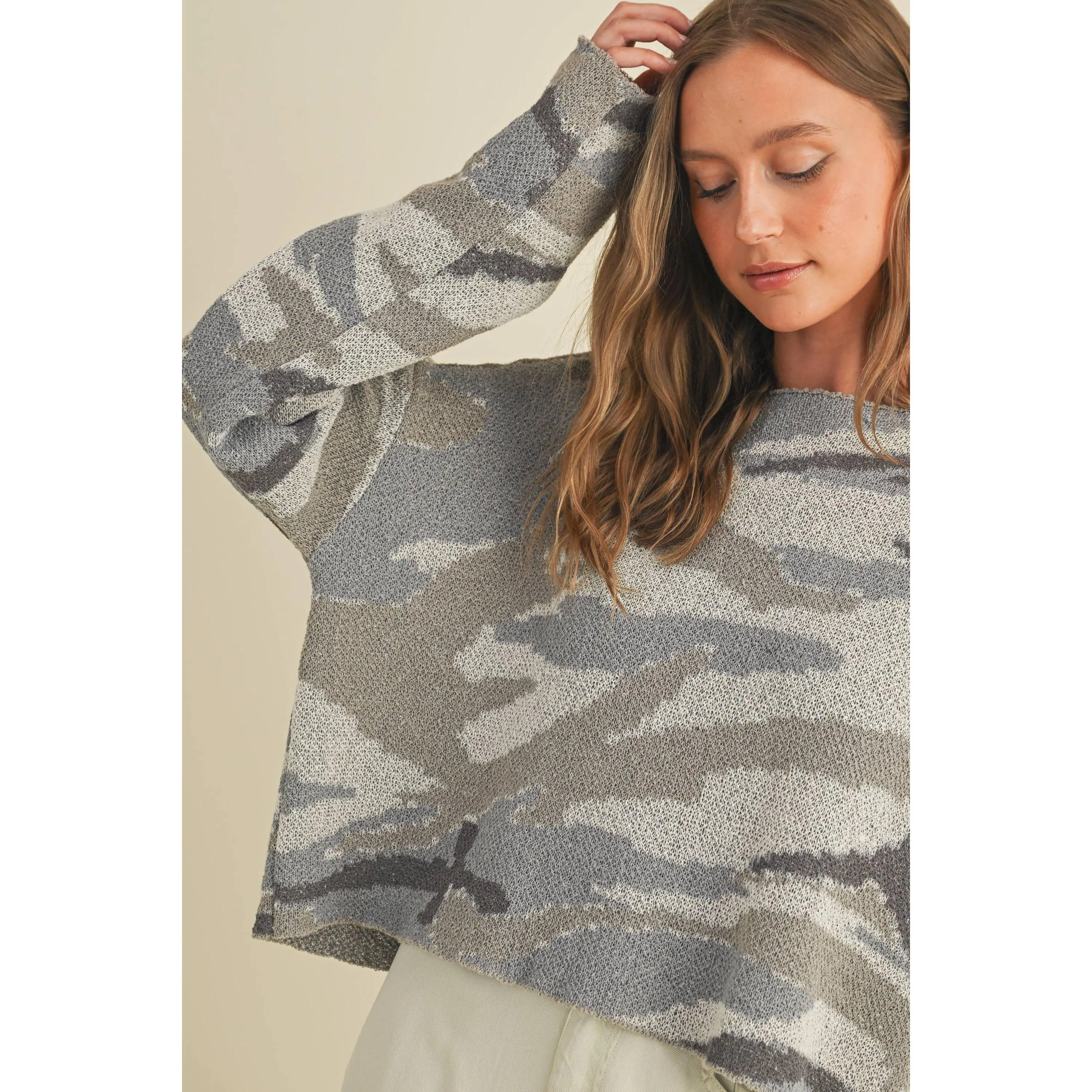 CAMO BOAT NECK LIGHTWEIGHT SWEATER