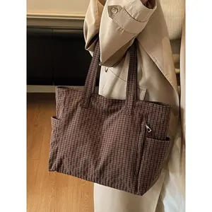New Fashion Retro Plaid Print Tote Bag, Casual Simple Versatile Student Commuter Shoulder Handbag, Large Capacity Gym Yoga Bag, Checkered Pattern Bag
