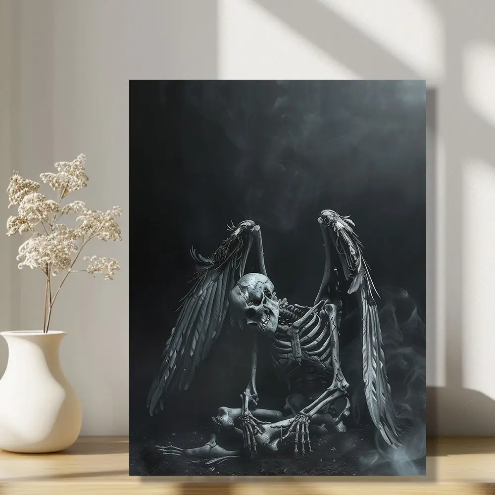 1-Piece Pine Wood Framed Artistic Gothic Dark Theme Skeleton Oil Painting Print, Wall Art, Modern Wall Decor for Living Room, Bedroom Home Supplies, Artistic Wall Arts, Framed Wall Arts