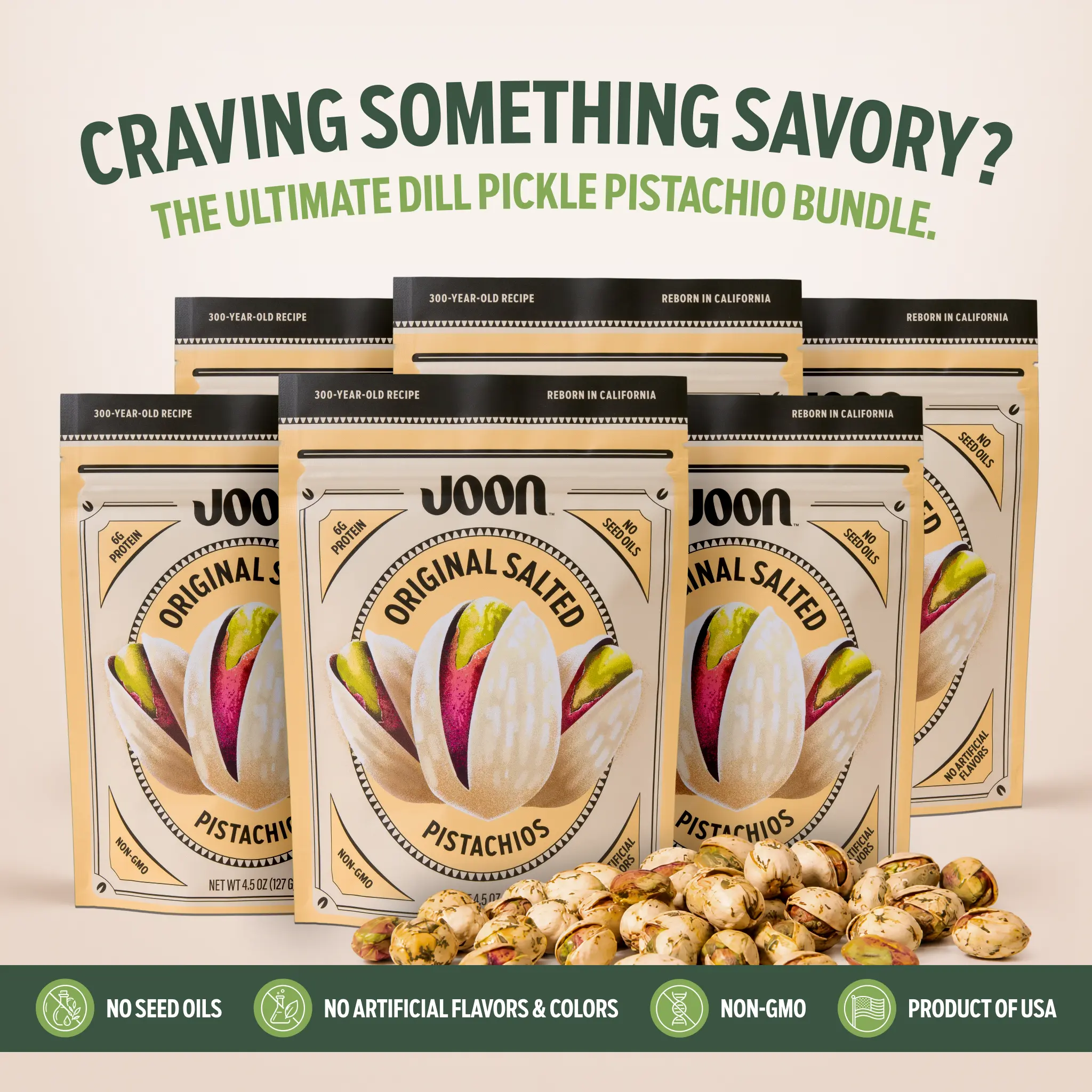 Joon Original Salted Pistachios In Shell 6-Pack, Gourmet California Pistachios, Protein Crunchy Snack, No Seed Oils