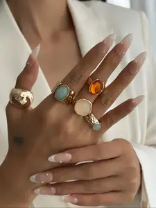 Luxury Vintage Women's Jewelry Set, 6 Pcs Adjustable Rings with Gemstone Inlay, Elegant Fashion Accessories for All Occasions