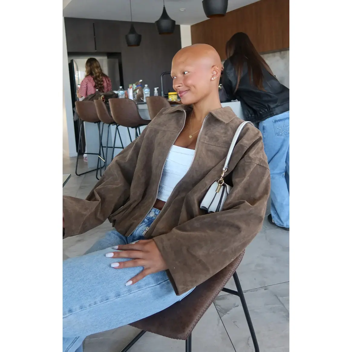 River Brown Suedette Bubble Hem Bomber Jacket