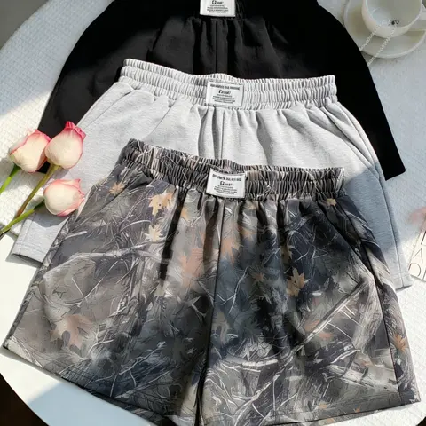 Women's Casual Home Everyday Loose Fit Baggy Oversized Shorts, Fashion Camouflage Shorts, Bottom, Elastic Waist Camouflage Print and Solid Color, Summer All-Season Versatile Pants, 3 Piece Set, Womenswear