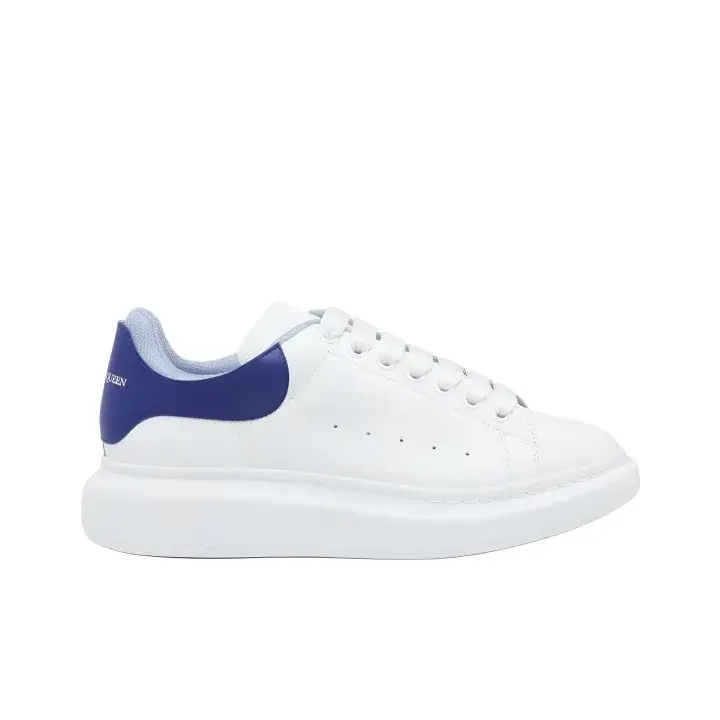 Deep Blue Leather Tab Pure White Cowhide Platform Shoes, Wide Round Thick Sole Light Lace-up Daily Sneakers