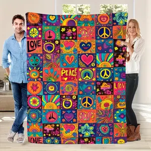 Vintage 60s 70s Hippie Blanket Psychedelic Boho Throw with Peace Sign Flower Heart Pattern Colorful Retro Bedspread for Sofa Bed Festival Gift Soft Plush Flannel comfortable nap blanket