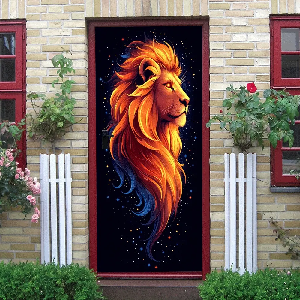 2pcs Vibrant Lion Head Wall Sticker with Starry Sky Design Modern Home Decor for Bedroom Living Room Self Adhesive Removable Animal Art Decal Cartoon Leo Mural for Kids Room Sofa Background Wall Cre