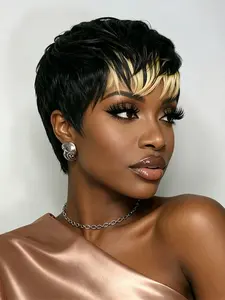 Pixie Cut Short Straight Human Hair Wig, Machine Made Pixie Wig for Daily Party Use, Blonde, Stylish Gift for Women