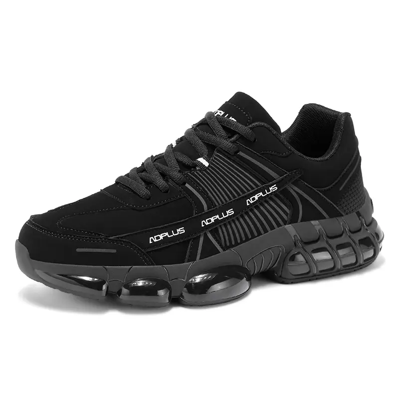 All Black Matte Leather Full Air Cushion Chunky Sneakers for Men Shock Absorbing Non Slip Streetwear Jogging Gym Footwear