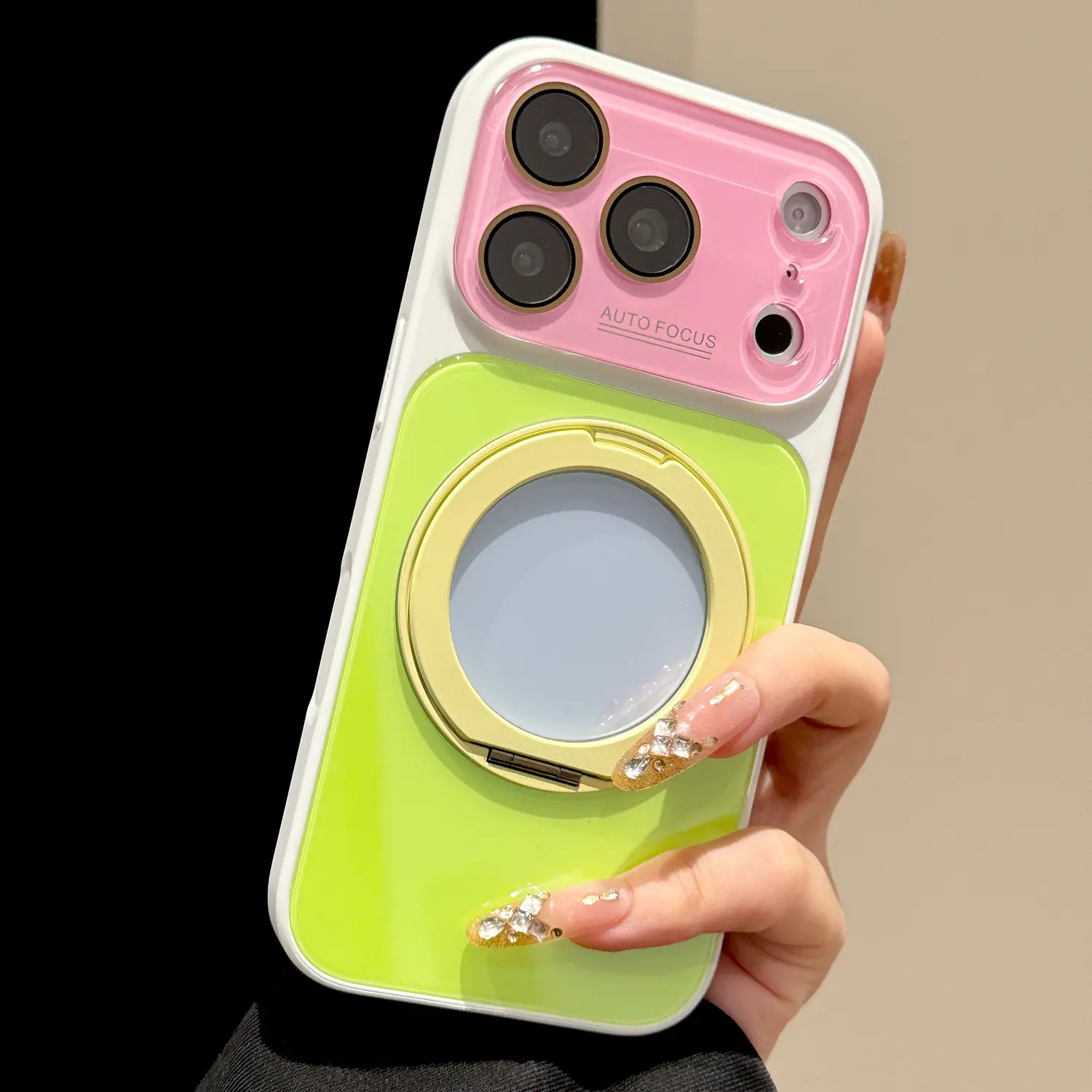 Macaron Color Block Dopamine Case with Magnetic Ring Stand for iPhone 17 16 15 14 13 Pro Max, Shockproof Protective Phone Cover with Camera Lens Protector, Cute Aesthetic Glossy Case for Men Women