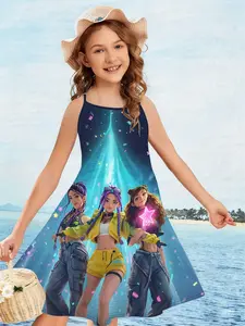 Street Cool K-Pop Girl Group Halter Dress, Blue Gradient Starlight 3D Print, Casual All over Print Girls' Jumpsuit, Bold Statement Piece