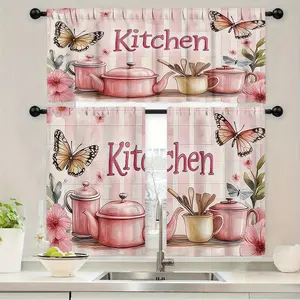 3-piece pink butterfly kitchenware printed kitchen curtain valances set Home Textile, with pole bag design for easy installation without holes, easy to clean and won't deform. Made of polyester, suitable for home decoration.