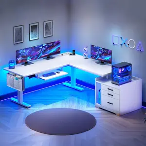 SEDETA 63 Inch Height Adjustable L Shaped Electric Standing Desk Computer Gaming Desk with Led Lights 3 Drawers Power Outlet
