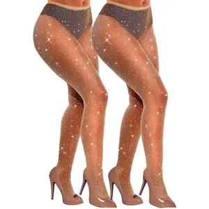 Women’s High Waist Rhinestone Fishnet Tights - Soft Elastic Polyester Fabric, Stylish Sparkly Party Pantyhose