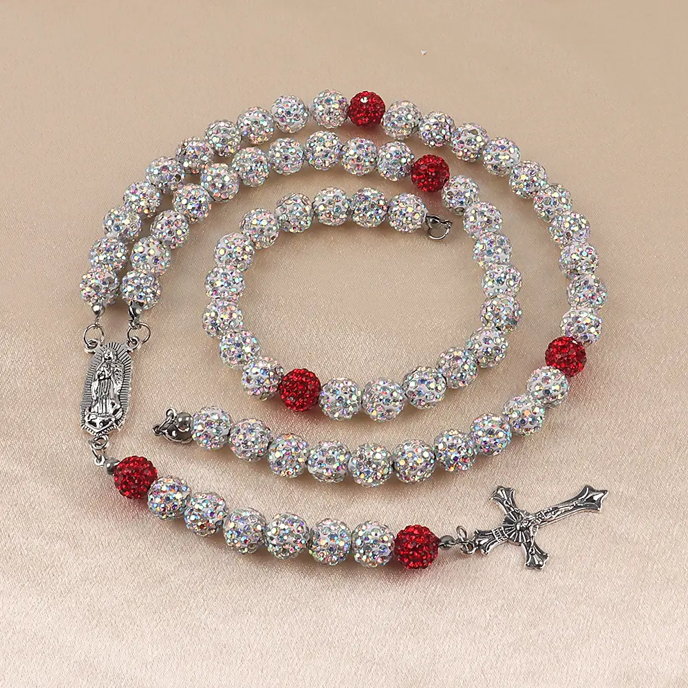 Prayer bead necklace red+AB colored bead