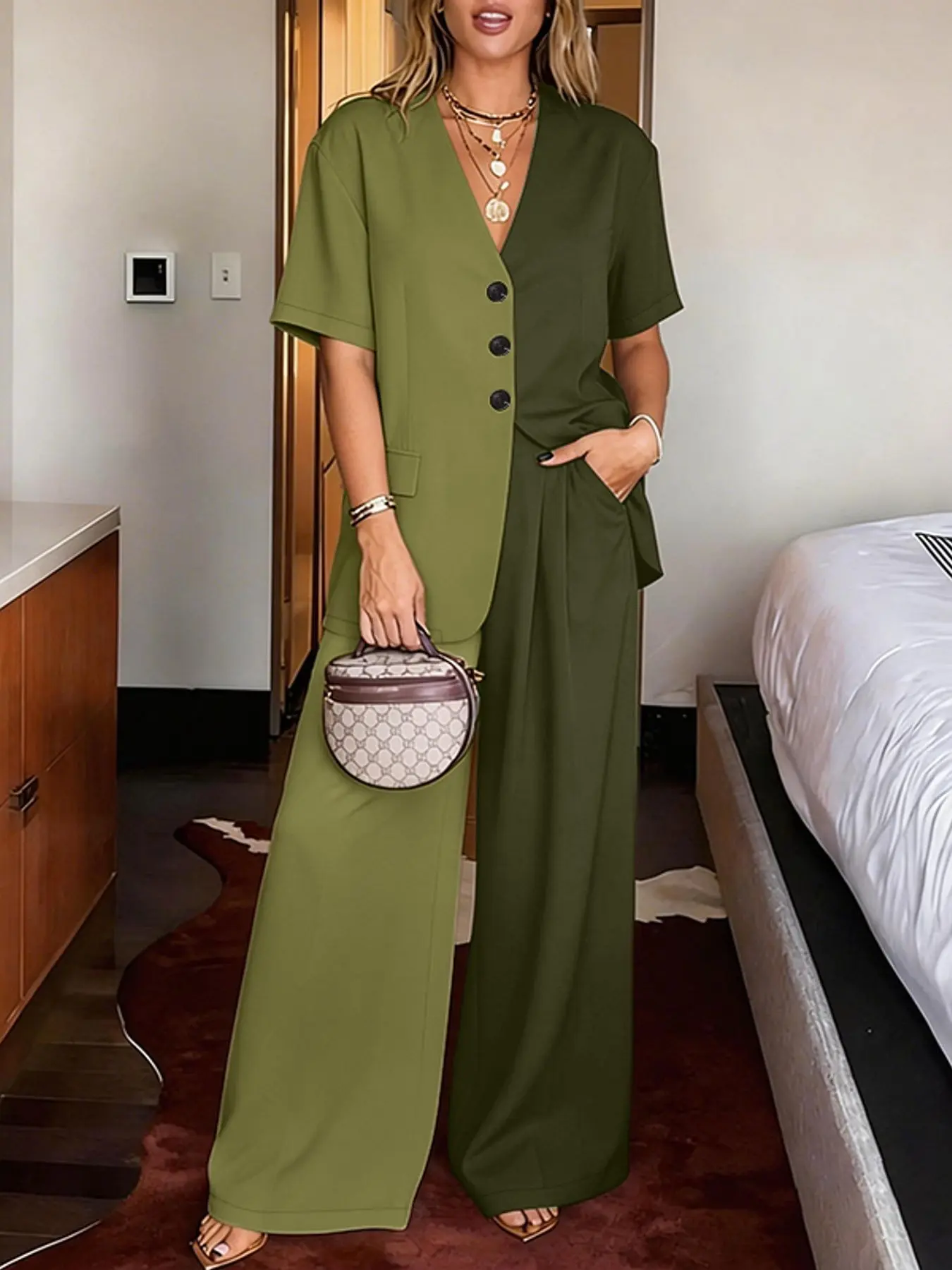 ZANZEA Women's Colorblock Blazer + Wide Leg Pants Set, Casual Business Style, Half Sleeve, Floor Length, Two-Piece, Fashion Suit, Daily Wear, Suits