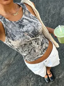 Fashion Design Camouflage Print Summer Casual Short Sleeveless Cropped Tank Top, Sexy Women's T-Shirt, Slim-Fitting, Daily Wear, No Zipper, with Collar