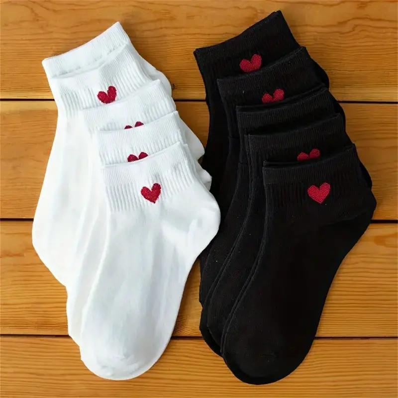 5 Pairs Of Teenager's Anti Odor & Sweat Absorption Fashion Heart Print Low Cut Socks, Comfy & Breathable Socks, All Seasons Womenswear Women