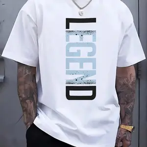 Men's Casual Cotton T-shirt Featuring Legend Print Crew Neck Short Sleeve Design with Blue Lettering and Lightweight Polyester Blend