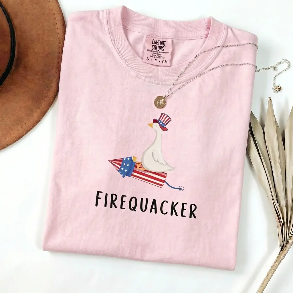 Comfort Colors Funny Fourth Of July Shirt Firequacker Goose Graphic Tee USA Cotton Short Sleeve Casual Loose-fitting Crew Neck Machine Washable Summer Tee Summer Womenswear