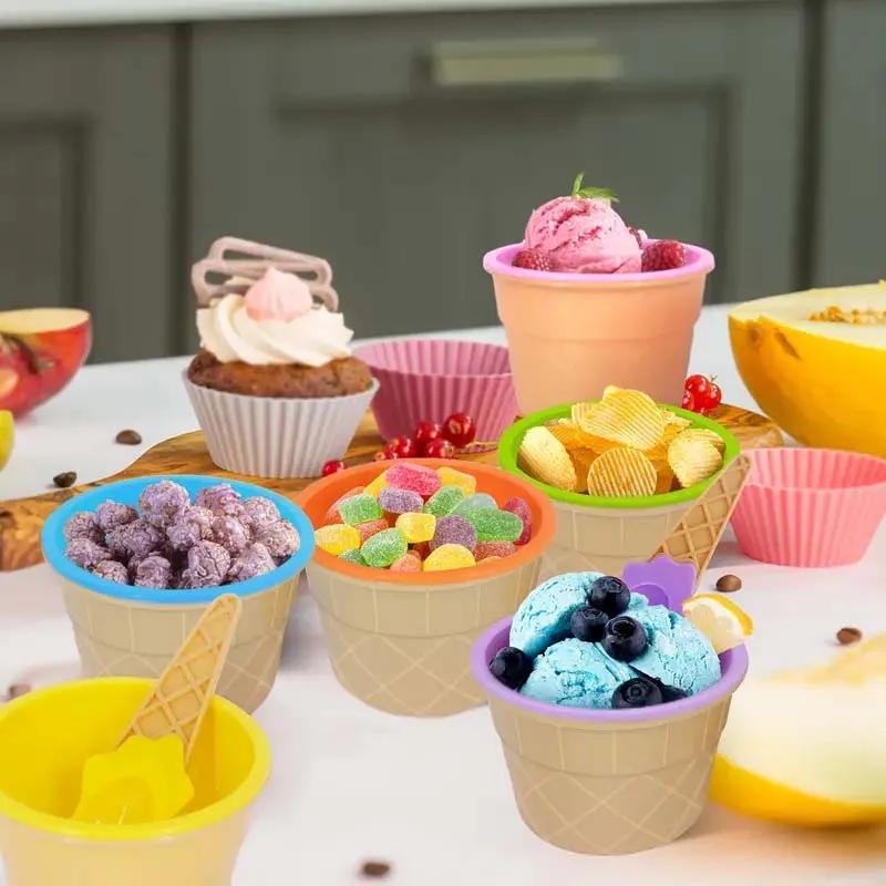 6 Sets Ice Cream Bowl and Spoon Plastic Reusable Ice Cream Bowl Cartoon Egg Cone Children Fruit Dessert Bowl Kitchen Accessories NONE