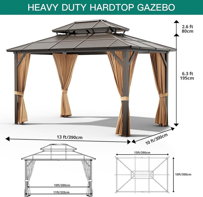 10' x 13' Hardtop Gazebo, Metal Gazebo with Aluminum Frame, Double Galvanized Steel Roof, Pergolas for Patios, Garden, Parties, Lawns，Khaki